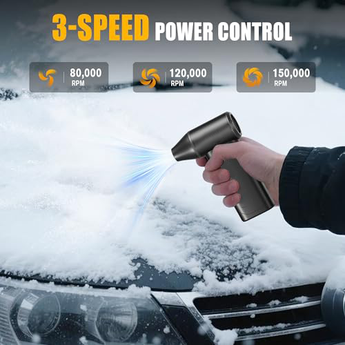 Car-mounted wireless electric snow blower with a 150,000 rpm mini turbine, suitable for clearing light snow from windows, stairs, and patios.