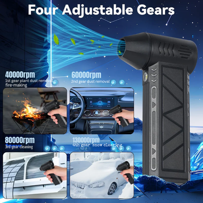 Car-mounted wireless electric snow blower with a 150,000 rpm mini turbine, suitable for clearing light snow from windows, stairs, and patios.